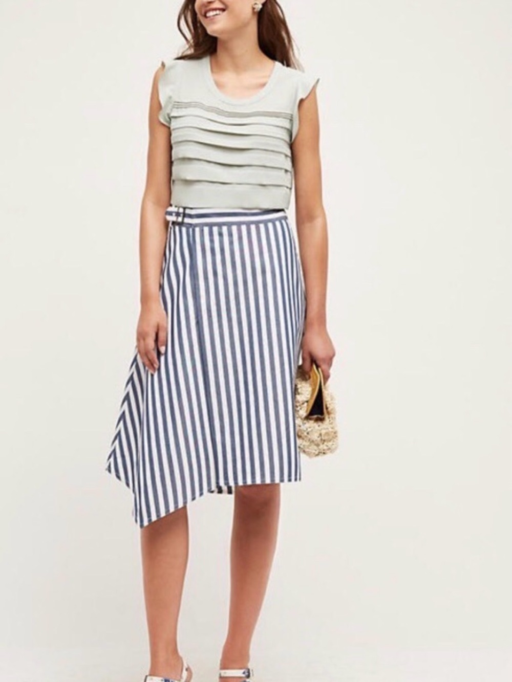 Maeve Blue and White Striped Asymmetrical Wrap Skirt
